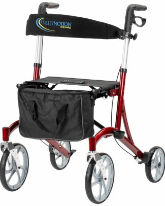 Lichtgewicht Rollator Cruiser | Rood | Grote voor wielen | Met rugband, tas en stokhouder | MultiMotion | Aluminium