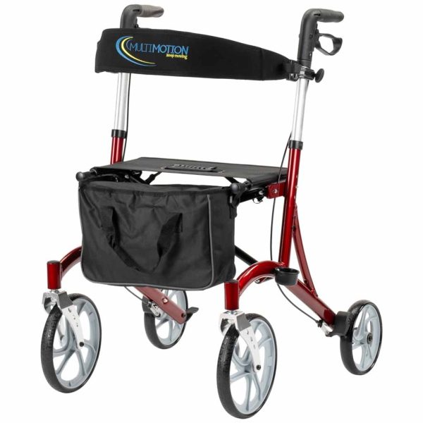 Lichtgewicht Rollator Cruiser | Rood | Grote voor wielen | Met rugband, tas en stokhouder | MultiMotion | Aluminium
