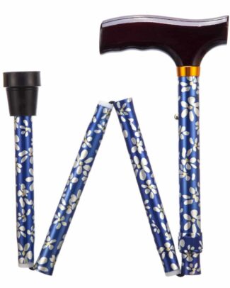 Opvouwbare wandelstok | Gebloemd | Blauw | Lengte 74 - 84 cm | Houten handvat | PR30120-BPS