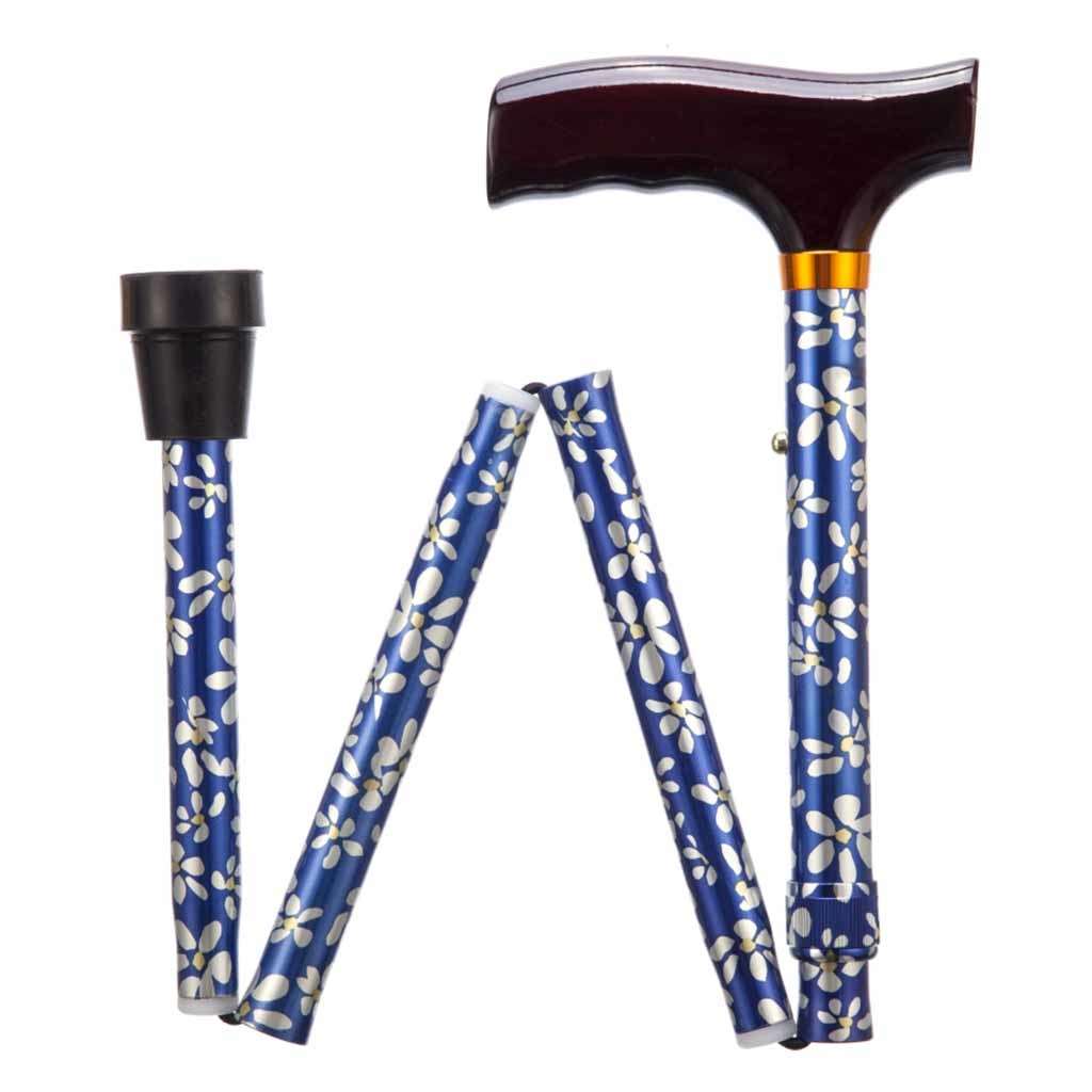 Opvouwbare wandelstok | Gebloemd | Blauw | Lengte 74 - 84 cm | Houten handvat | PR30120-BPS
